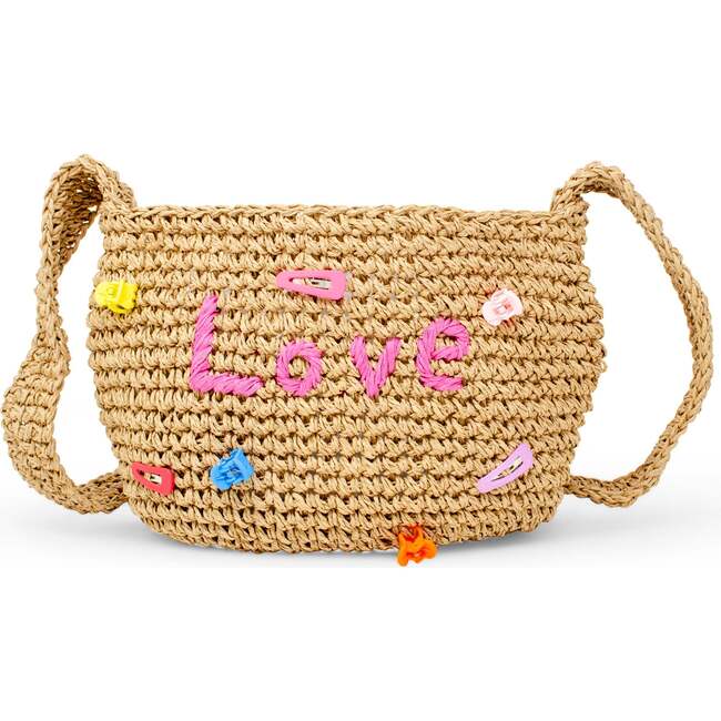 Girls Wicker Crossbody Message Charm Tote, Hot Pink "Love" - Bags - 4