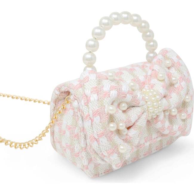 Girls Tweed Jumbo Pearl Bow Handbag, Pink - Bags - 3