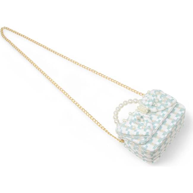 Girls Tweed Jumbo Pearl Bow Handbag, Teal - Bags - 4