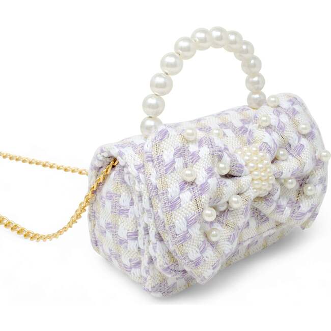 Girls Tweed Jumbo Pearl Bow Handbag, Purple - Bags - 3