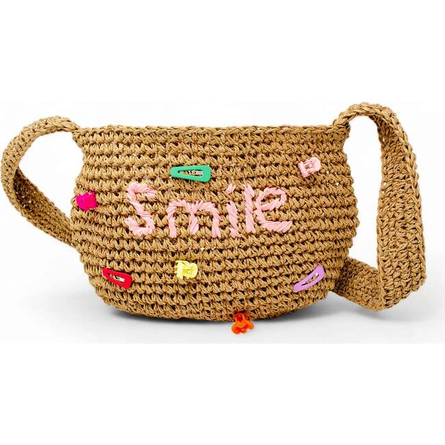 Girls Wicker Crossbody Message Charm Tote, Pink "Smile" - Bags - 4