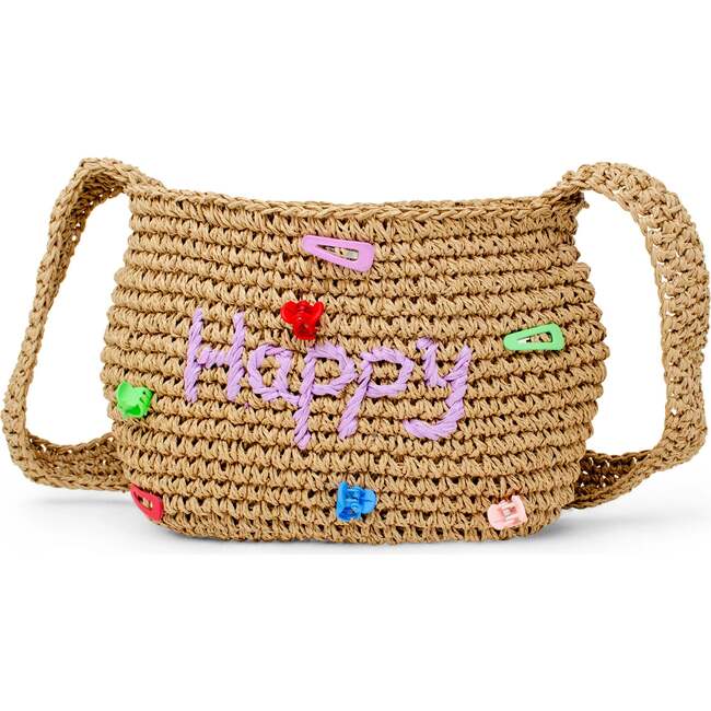 Girls Wicker Crossbody Message Charm Tote, Purple "Smile" - Bags - 4