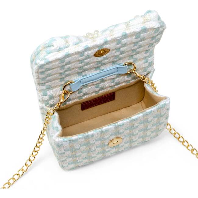 Girls Tweed Jumbo Pearl Bow Handbag, Teal - Bags - 5