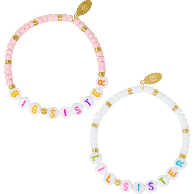 Girl's Big Sis/Lil Sis Stretchy Bead Bracelet Set, Pink/White