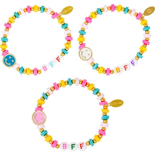 Girl's BFF Smile Stretchy Bracelet Set, Blue, White & Pink