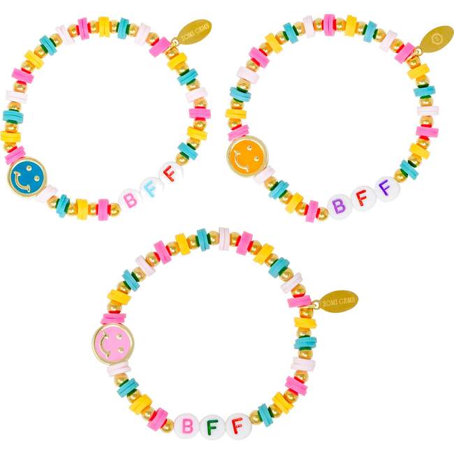 Girl's BFF Smile Stretchy Bracelet Set, Blue, Orange & Pink