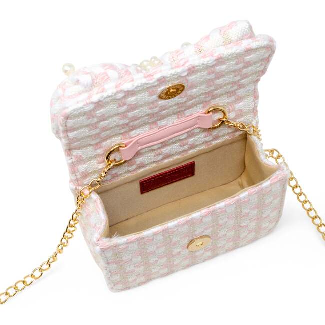 Girls Tweed Jumbo Pearl Bow Handbag, Pink - Bags - 5