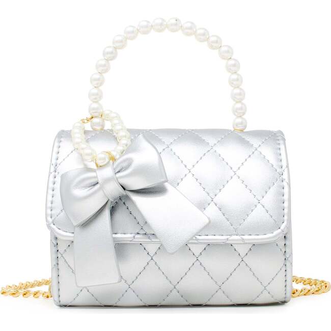 Quilted Pearl Handle Bow Ribbon Handbag,  Silver