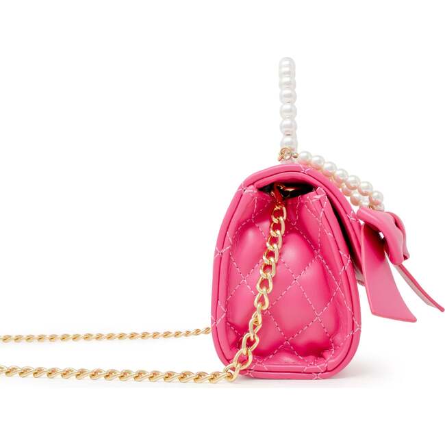Quilted Pearl Handle Bow Ribbon Handbag,  Hot Pink