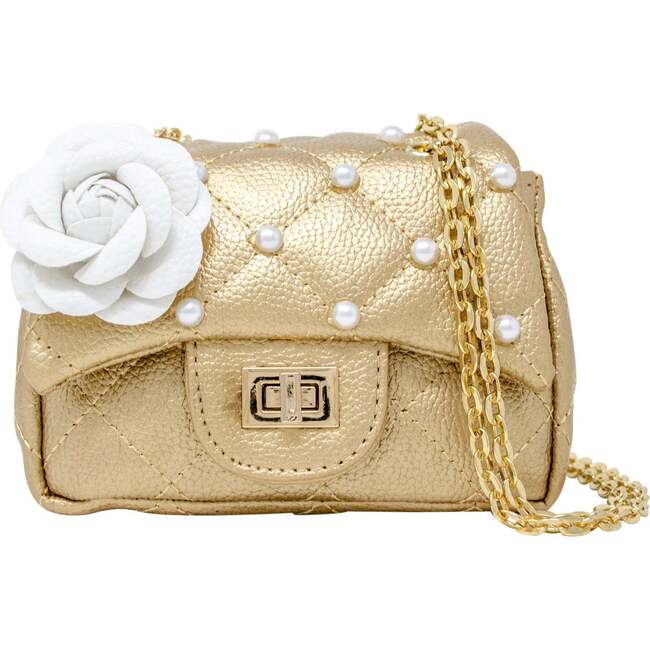 Classic Quilted Flower Pearl Handbag,  Gold