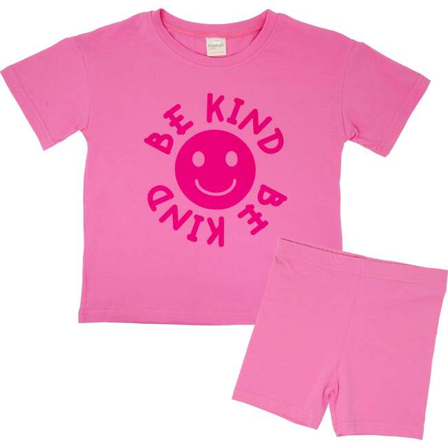 Happy Face "BE KIND" Message T-Shirt and Short Set Kids, Hot Pink