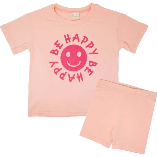 Happy Face "BE HAPPY" Message T-Shirt and Short Set Kids, Pink