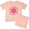 Happy Face "BE HAPPY" Message T-Shirt and Short Set Kids, Pink - Mixed Apparel Set - 1 - thumbnail