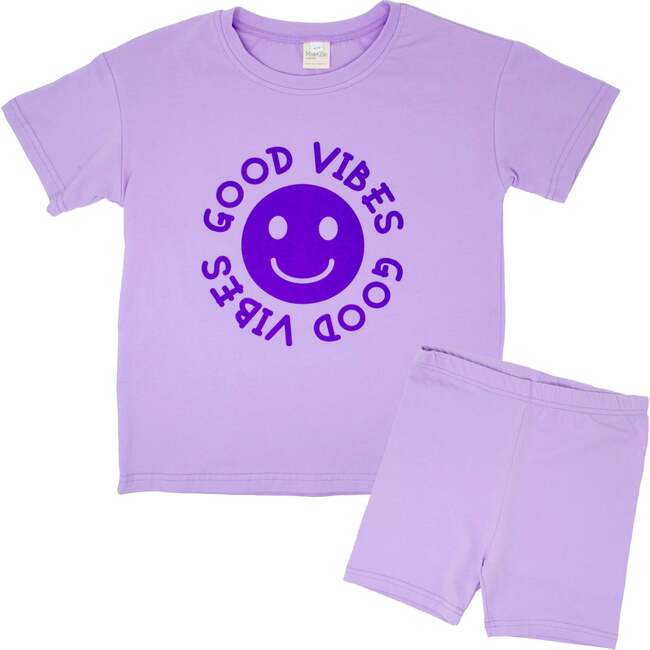 Happy Face "GOOD VIBES" Message T-Shirt and Short Set Kids, Purple