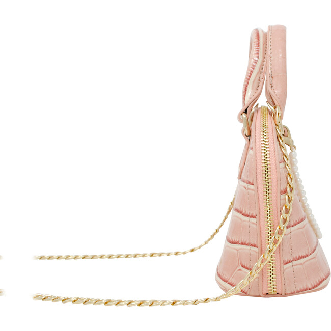 Patant Crocodile Moon Pearl Handbag, Pink