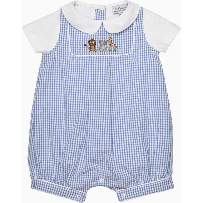 Jasper Lion Romper, Pale Blue Gingham