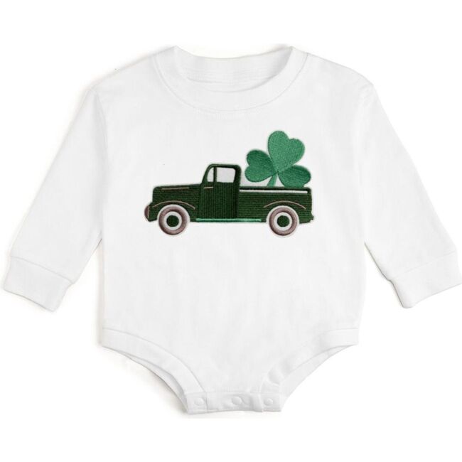Shamrock Truck Patch St. Patrick's Day Long Sleeve Romper, White