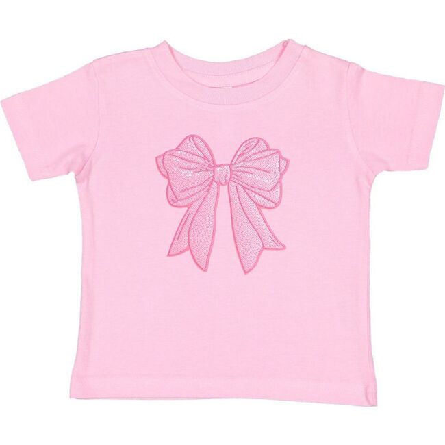 Pink Bow Sequin Patch Short Sleeve T-Shirt, Pink
