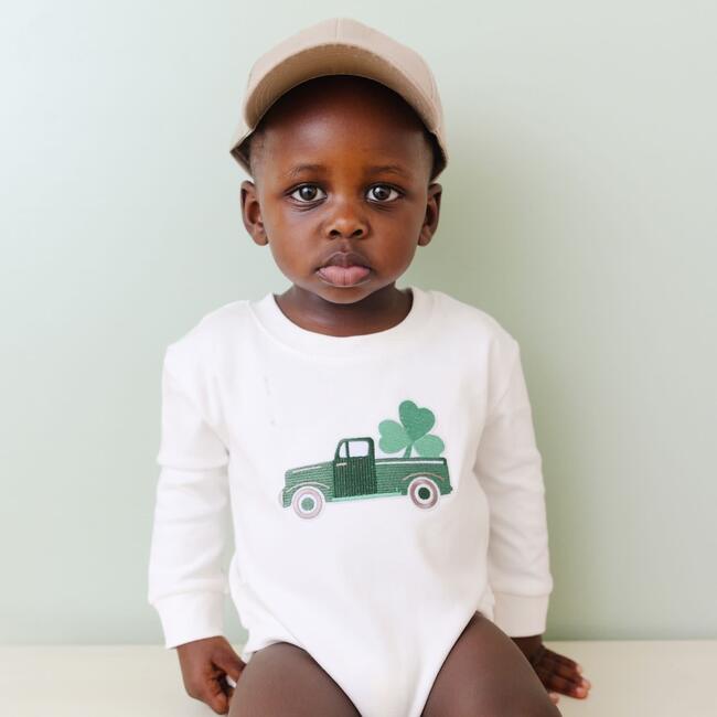 Shamrock Truck Patch St. Patrick's Day Long Sleeve Romper, White