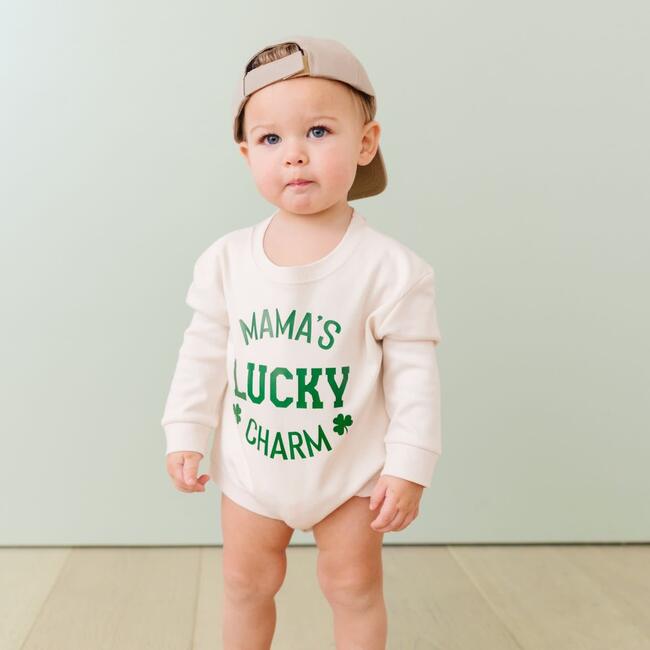 Mama's Lucky Charm St. Patrick's Day Long Sleeve Romper, Natural
