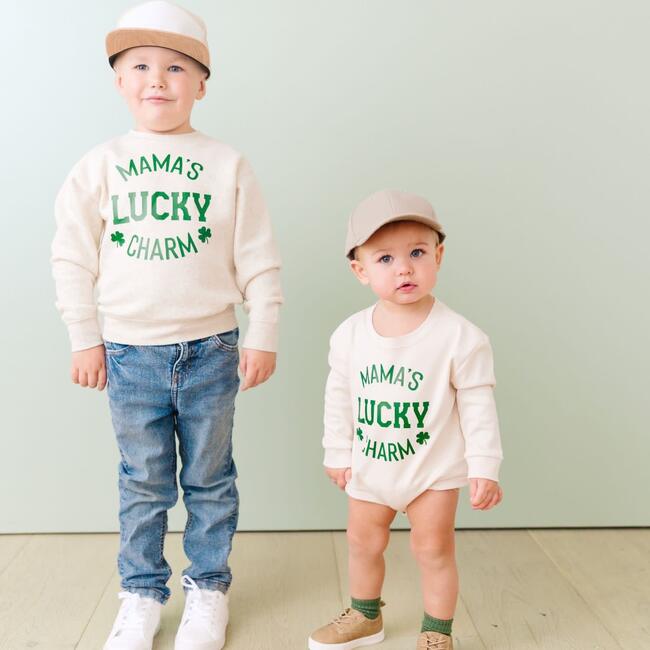 Mama's Lucky Charm St. Patrick's Day Long Sleeve Romper, Natural - Rompers - 3