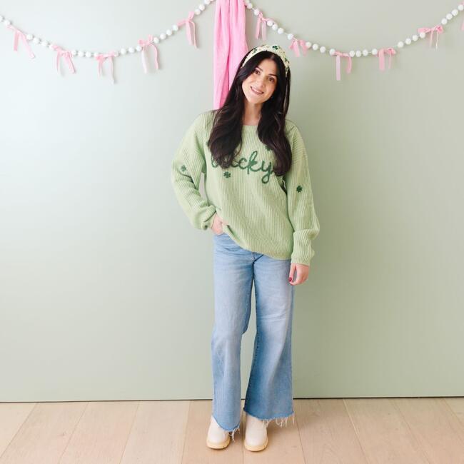 Lucky Shamrock St. Patrick's Day Knit Women's Sweater, Mint Green