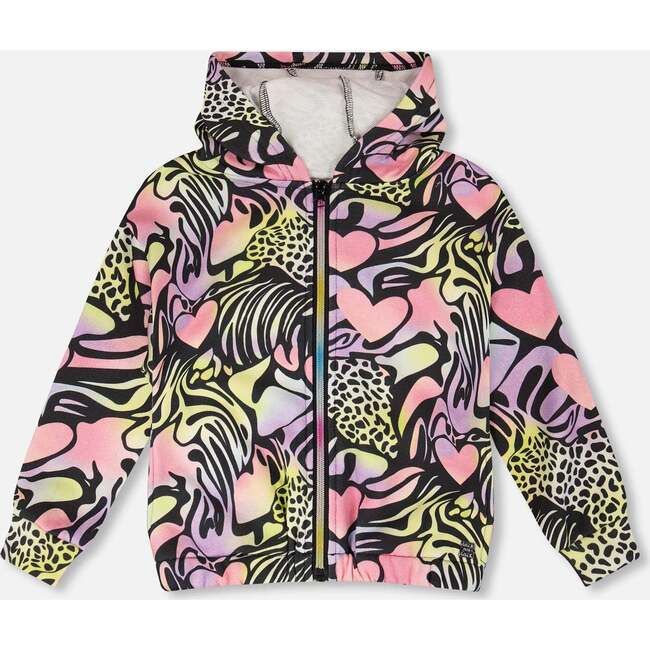 Zip Front French Terry Hoodie, Black With Multicolored Print