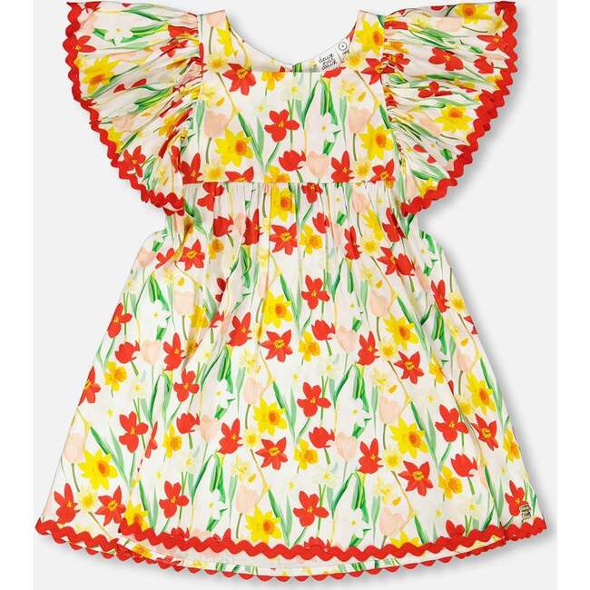 Viscose Dress, White Printed Daffodils