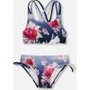 Two-Piece Swimsuit, Blue With Roses Print - Two Pieces - 1 - thumbnail
