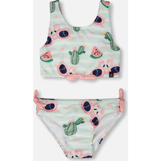 Two-Piece Swimsuit, Blue Flamingo And Cactus Print