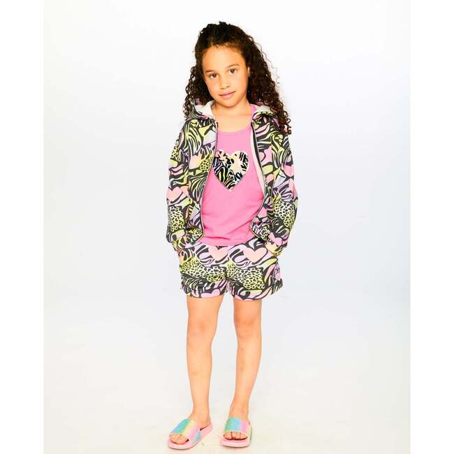 Zip Front French Terry Hoodie, Black With Multicolored Print