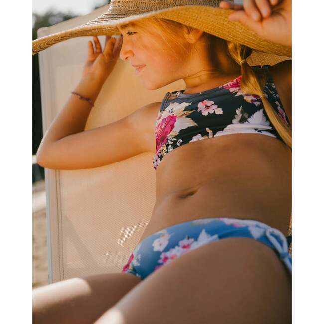 Two-Piece Swimsuit, Blue With Roses Print