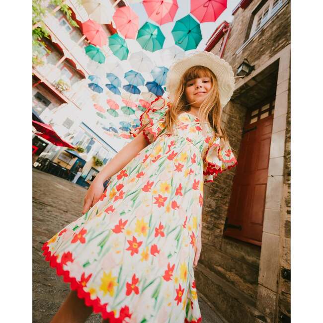 Viscose Dress, White Printed Daffodils