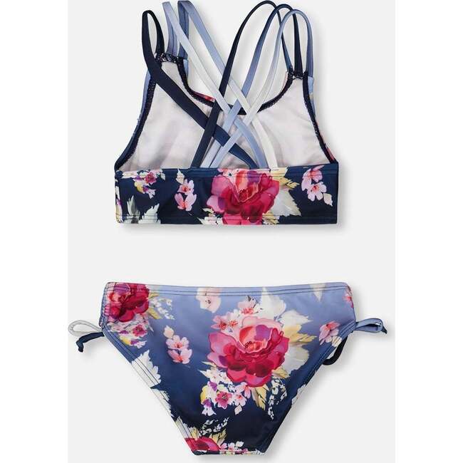 Two-Piece Swimsuit, Blue With Roses Print - Two Pieces - 4