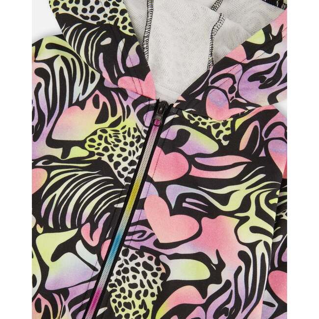 Zip Front French Terry Hoodie, Black With Multicolored Print - Sweatshirts - 4