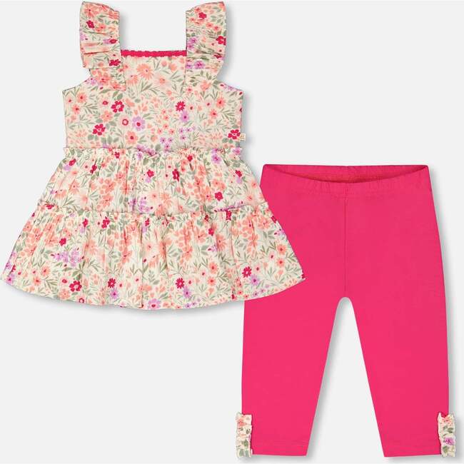Tunic And Organic Cotton Capri Set, Off White Printed Flowers & Pink