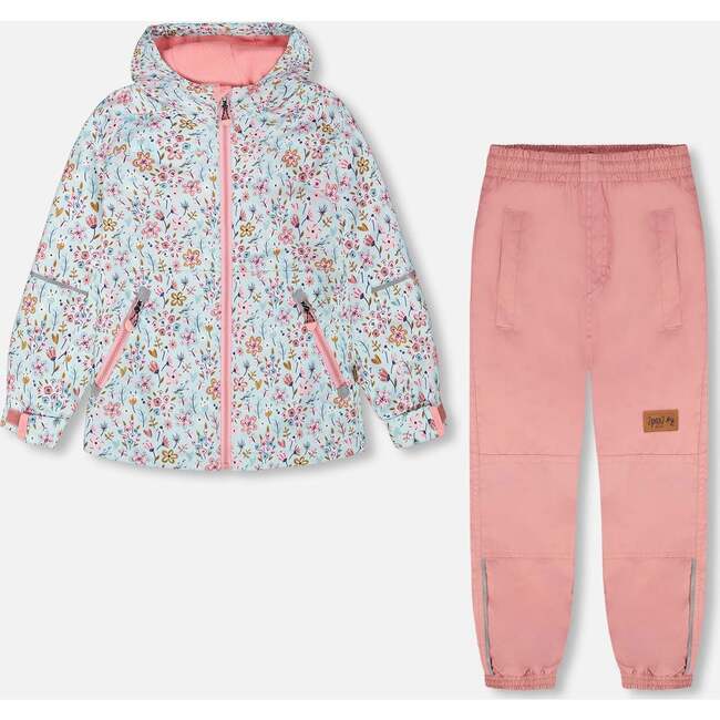 Two-Piece Mid-Season Outerwear Set, Blue Mini Flower Print