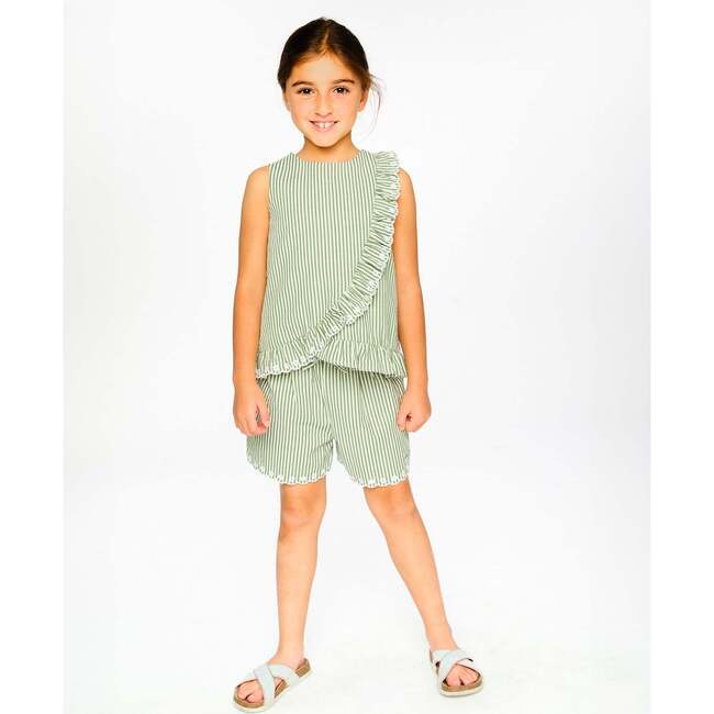 Top With Embroidered Ruffle, Green & Off White Stripes