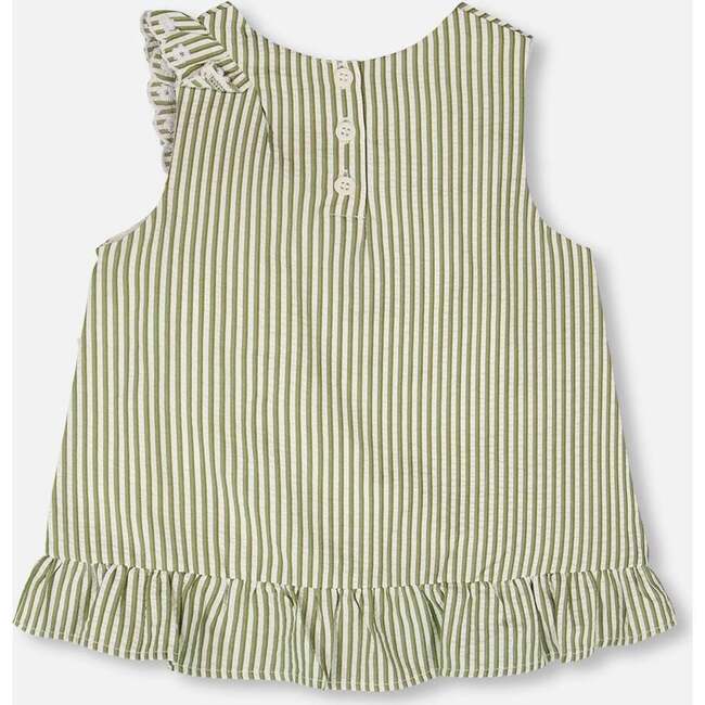 Top With Embroidered Ruffle, Green & Off White Stripes - Blouses - 3