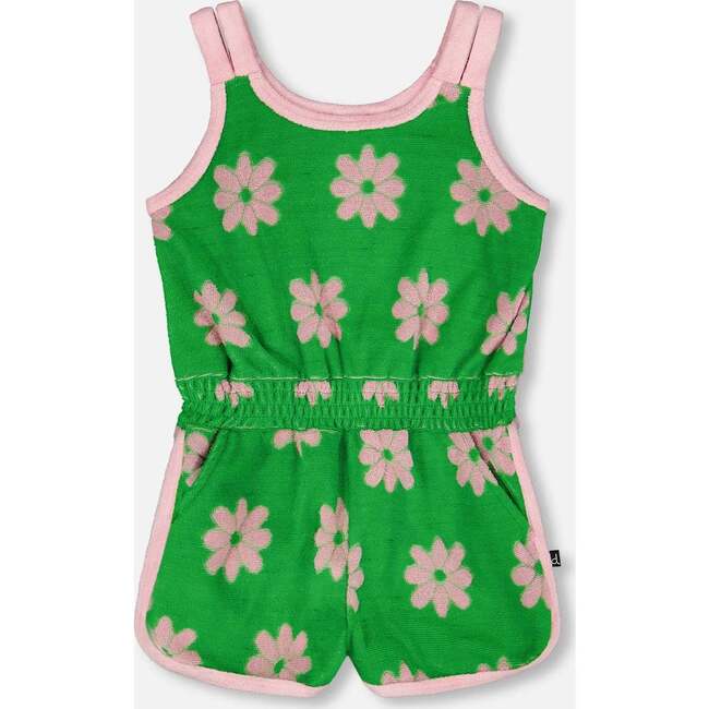 Terry Cloth Sleeveless Jumpsuit, Green Floral Print