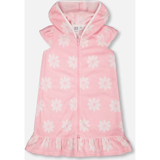 Terry Cloth Beach Hoodie Dress, Pink Printed Flowers