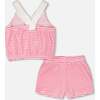 Terry Cloth Top And Short Set, White With Pink Print - Mixed Apparel Set - 2 - thumbnail