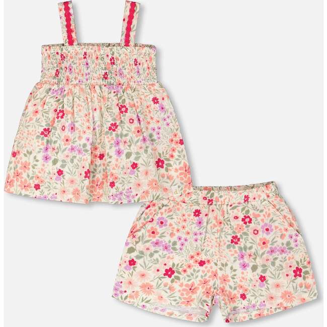 Tank Top With Smocking And Shorts Set In Muslin, Off White Printed Flowers