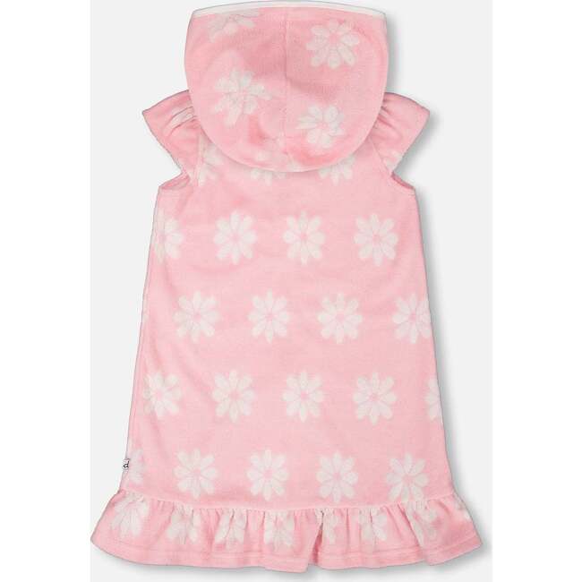 Terry Cloth Beach Hoodie Dress, Pink Printed Flowers - Cover-Ups - 3
