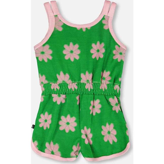 Terry Cloth Sleeveless Jumpsuit, Green Floral Print - Rompers - 3