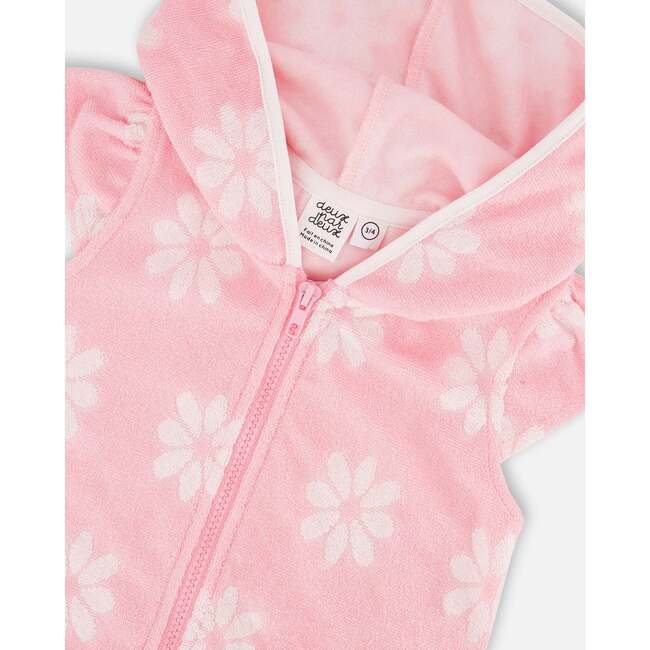 Terry Cloth Beach Hoodie Dress, Pink Printed Flowers - Cover-Ups - 4
