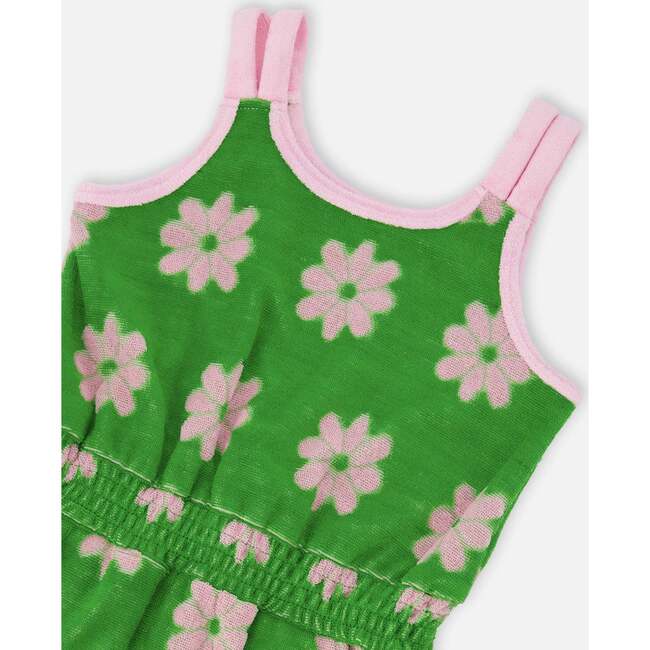 Terry Cloth Sleeveless Jumpsuit, Green Floral Print - Rompers - 4