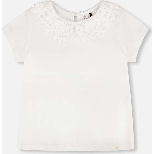 T-Shirt With Crochet Peter Pan Collar, White