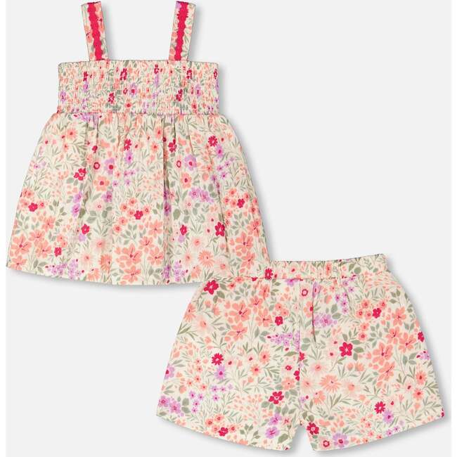 Tank Top With Smocking And Shorts Set In Muslin, Off White Printed Flowers - Mixed Apparel Set - 3