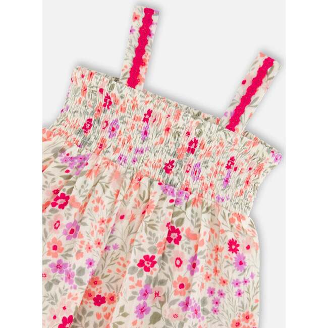 Tank Top With Smocking And Shorts Set In Muslin, Off White Printed Flowers - Mixed Apparel Set - 4